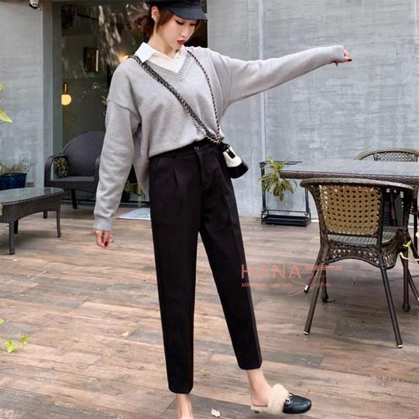 Quần baggy vải công sở cạp cao màu đen cho nữ, quầnbaggy tây nữ lưng cao 1 nút HN01