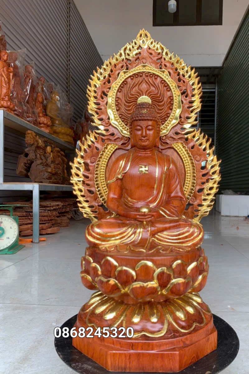 Bộ tượng thất phật được sư bằng gỗ hương đá kt cao 40×20cm +lá chắn hào quang cao tổng 54cm