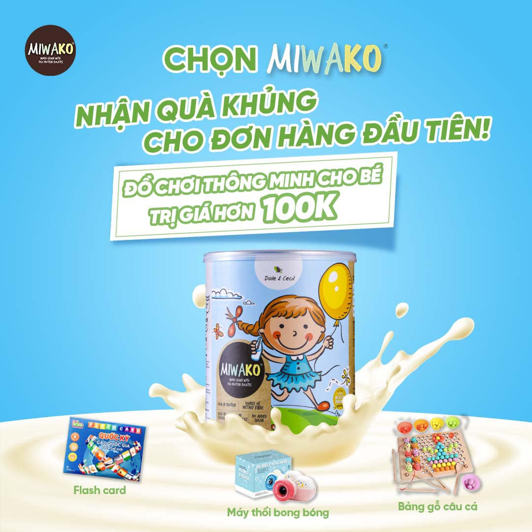 Combo 2 Hộp Sữa Hạt Miwako A+ Vị Vani &amp; Vị Gạo Hộp 700g Nhập Khẩu Malaysia, Sữa Hữu Cơ Cho Bé Từ 1 Tuổi Dị Ứng Đạm Bò Chậm Nói Giúp Phát Triển Trí Não Chiều Cao Tặng Quạt Tích Điện Mini