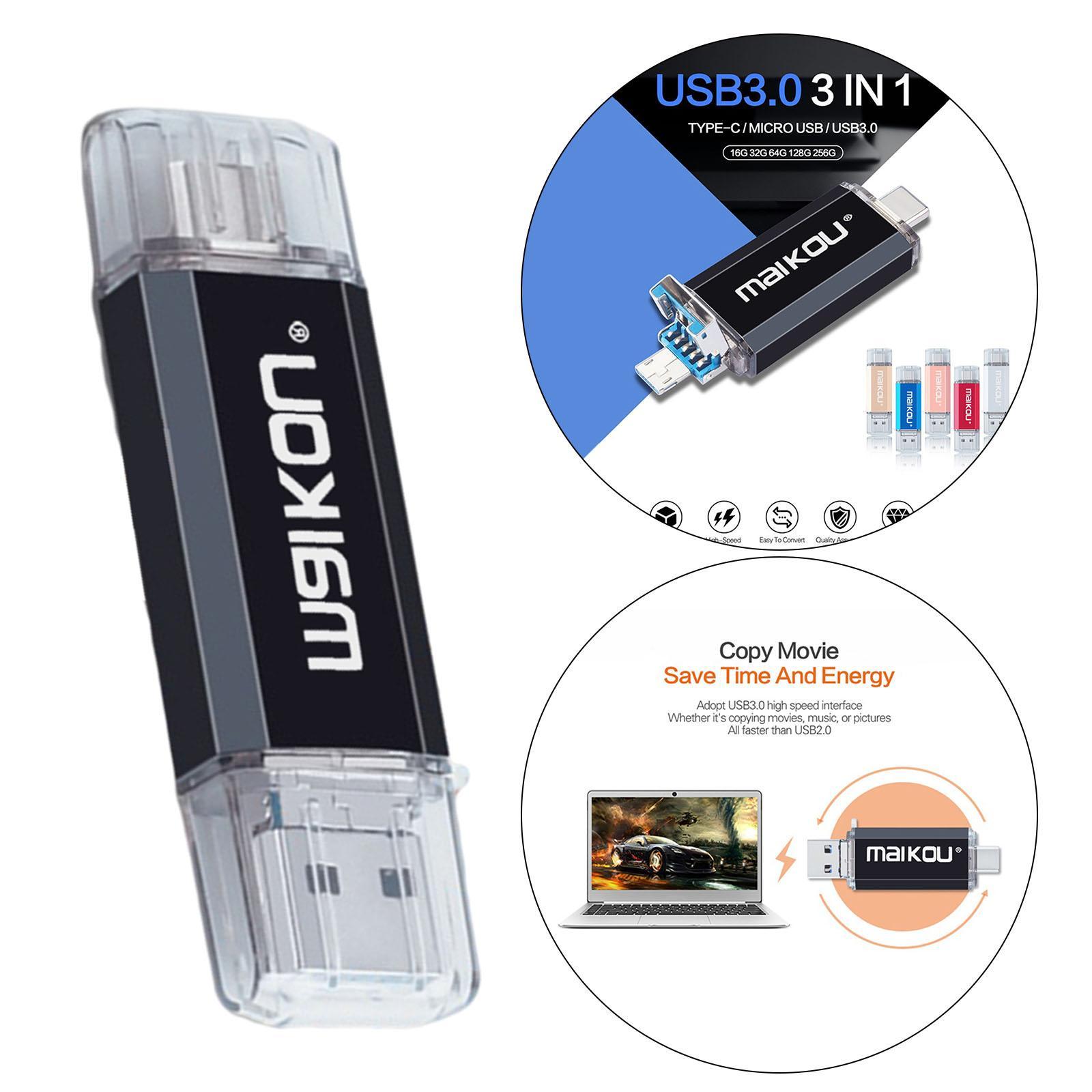 Portable 3 in 1 64GB USB3.0 Flash Drive Type- USB Memory Stick Black