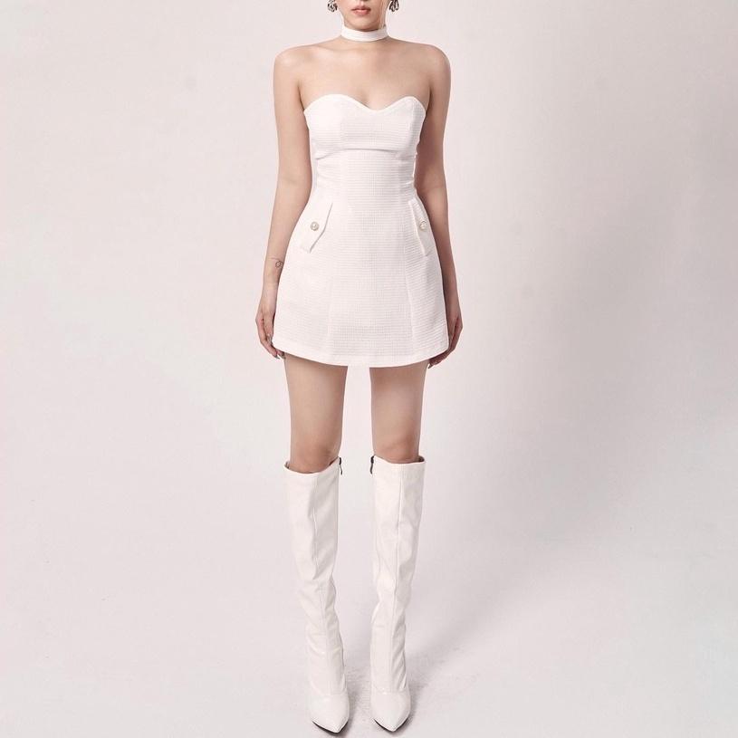 Đầm váy thiết kế cúp ngực tơ xốp lót lụa xòe ôm body kèm dây cổ chocker đen trắng trễ vai ivy.fashion đi biển dự tiệc