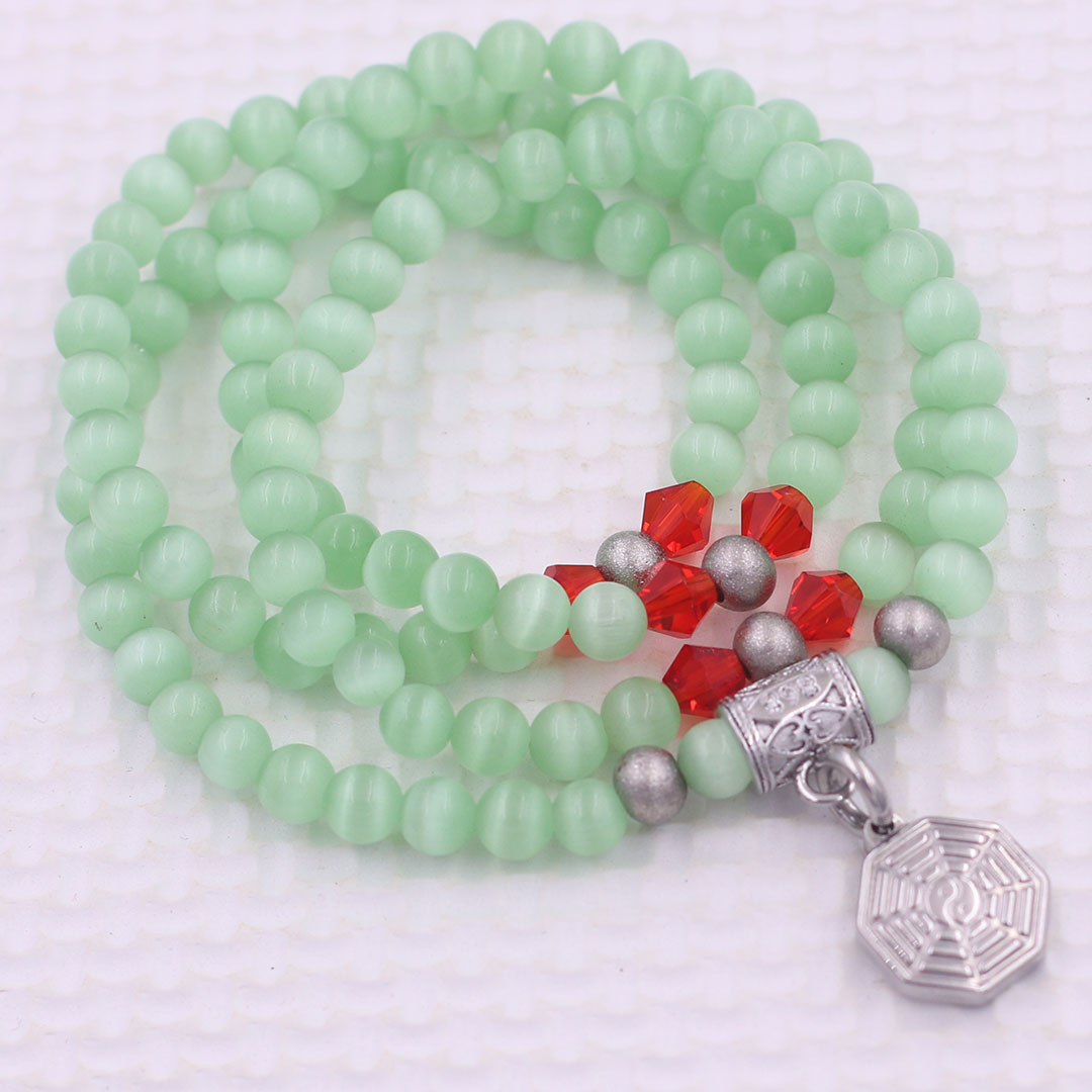 Vòng chuỗi 108 hạt đá mắt mèo xanh ngọc 6 ly charm bát quái inox - vòng chuỗi niệm Phật, vòng tay chuỗi hạt