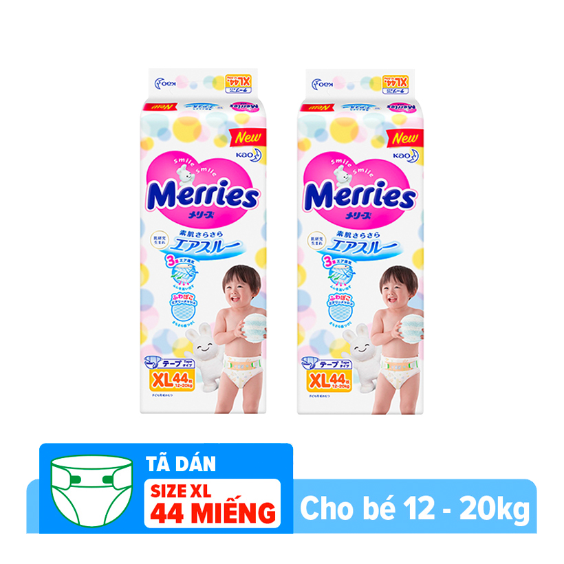 Combo 2 Tã/bỉm dán Merries size XL - 44 miếng (Cho bé 12 - 20 kg)