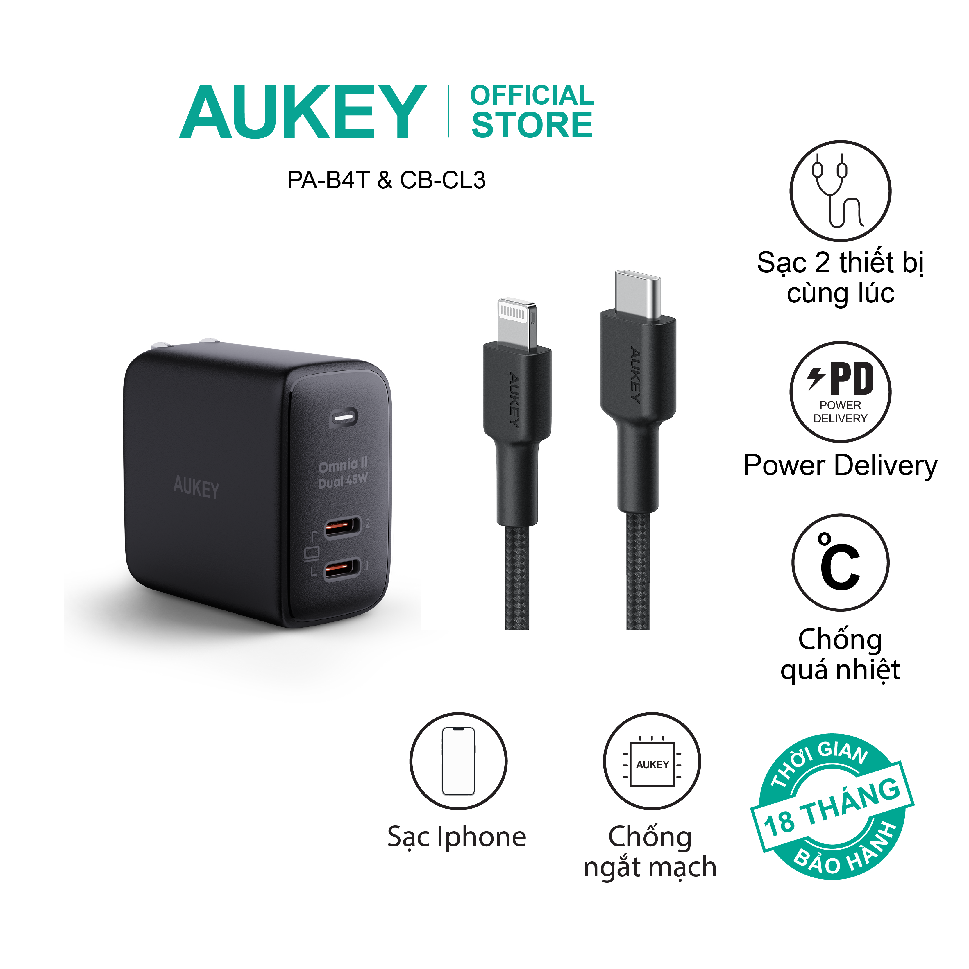 Combo bộ sạc Aukey cho Iphone củ sạc PA-B4T 45w và cáp sạc CB-CL3 hàng chính hãng