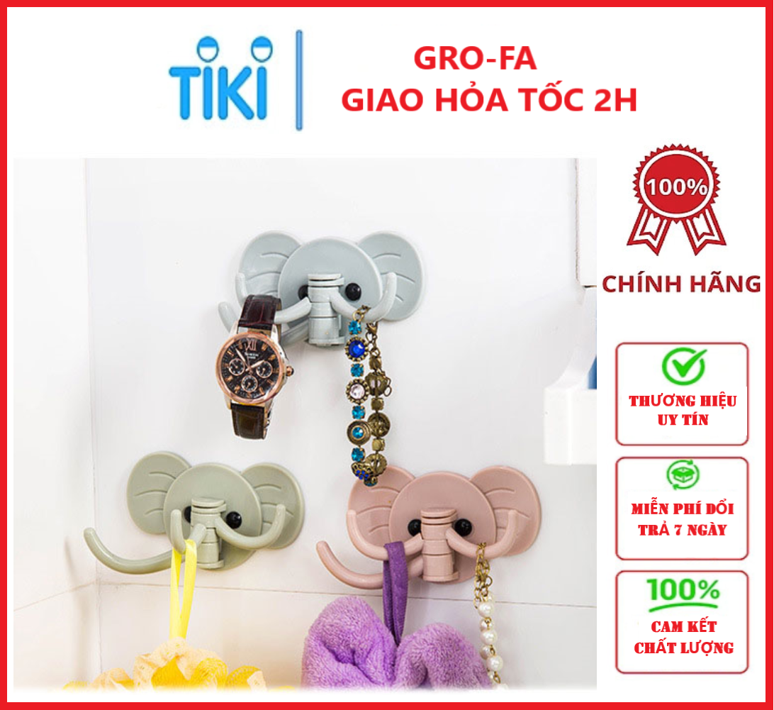 Combo 3 Móc Dán Tường Treo Đồ Dán Tường Hình Voi GroFa ( Màu ngẫu nhiên)