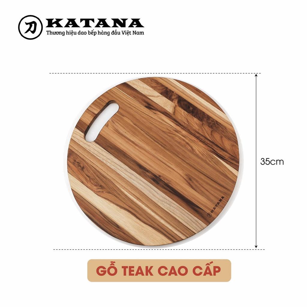 Thớt Gỗ Teak Cao Cấp KATANA - Hình Tròn - Có Tay Cầm và Lỗ Treo - Hàng Chính Hãng BH 12 Tháng 1 Đổi 1 Trong 7 Ngày