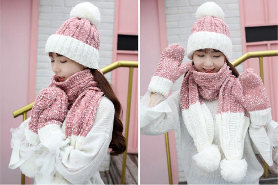 Bộ mũ len nữ cao cấp kèm khăn+ găng tay phong cách Hàn