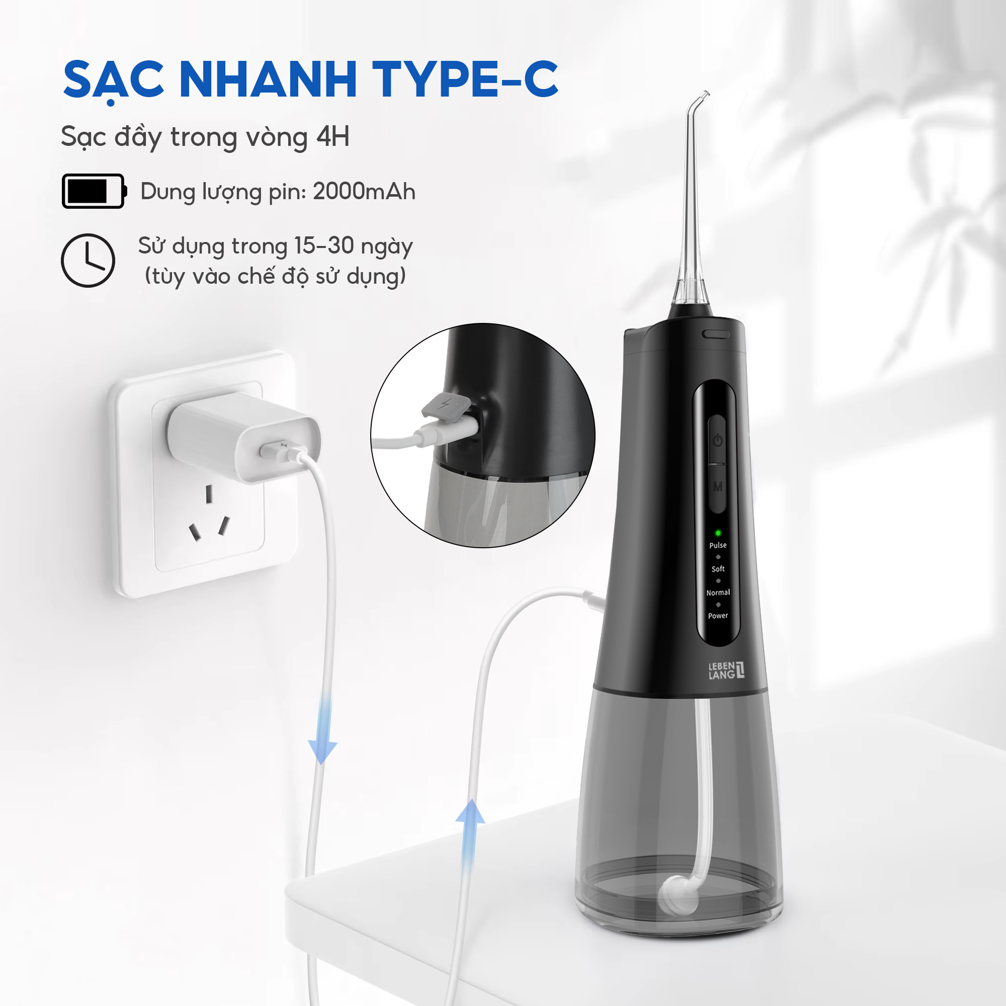Máy tăm nước Lebenlang cầm tay LBT1499, IPX7 chống thấm nước 2000mah, 300ml, tích hợp pin, bảo hành 2 năm - chính hãng