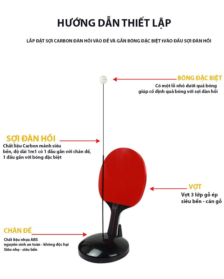 Bóng bàn phản xạ lắc lư cao cấp, không lo văng bóng hay lật đế - tặng kèm 1 dây đàn hồi carbon 69cm