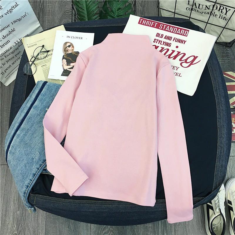 Áo thun tay dài cổ lọ màu trơn đơn giản cho nữ