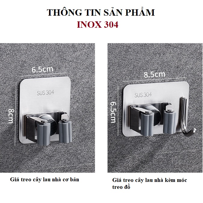 Bộ 2 Giá Treo Cây Lau Nhà có Móc Treo Đồ Inox 304 Cao cấp - Móc Treo Chổi Dán Tường Siêu Chịu Lực