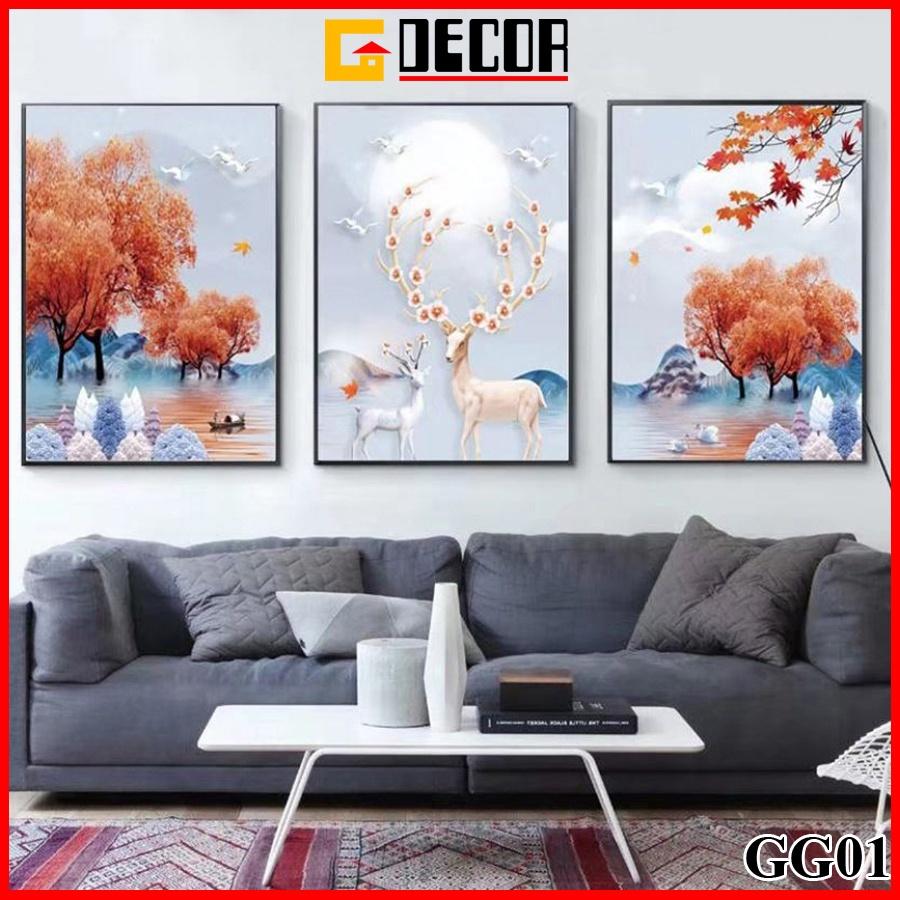 Tranh treo tường canvas 3 bức phong cách hiện đại Bắc Âu 01, tranh hươu trang trí phòng khách, phòng ngủ, phòng ăn, spa