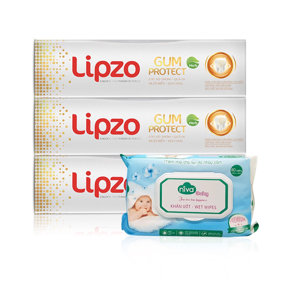 Combo 03 Kem Đánh Răng Lipzo Gum Protect Tinh Chất Thảo Dược 95g [TẶNG] 1 Khăn Ướt Niva 80 Miếng