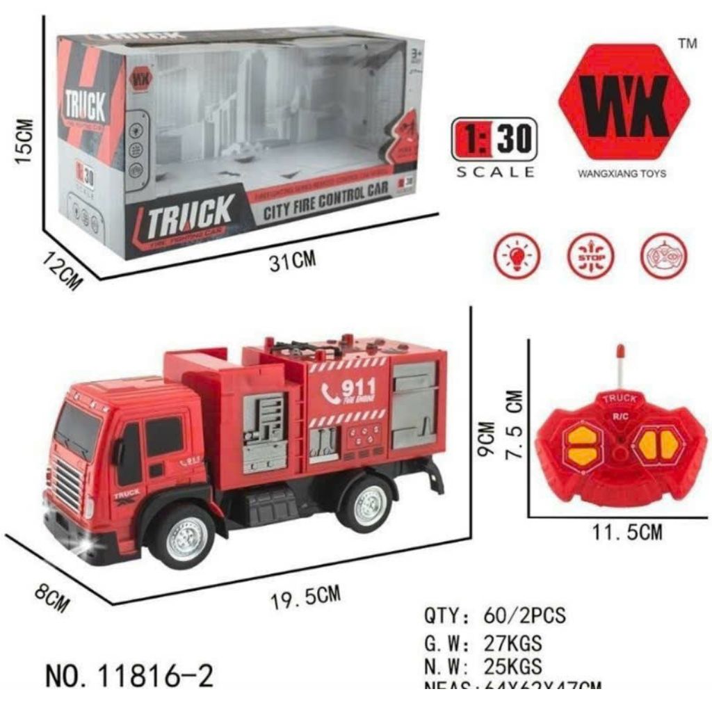 Xe cứu hỏa điều khiển đồ chơi, xe điều khiển 4 chiều, có 2 đèn phía trước. TL:1.30, 27MHZ