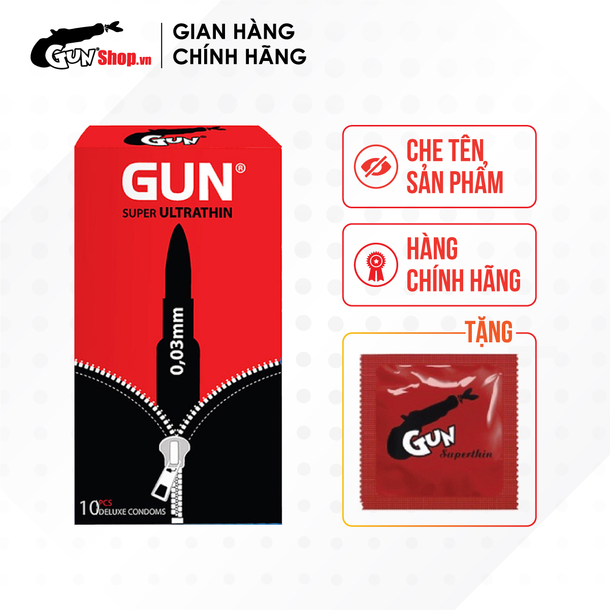 Bao cao su Gun Super Ultra Thin - Siêu mỏng 0.03mm kèm 1 bcs Gun Super Ultra Thin