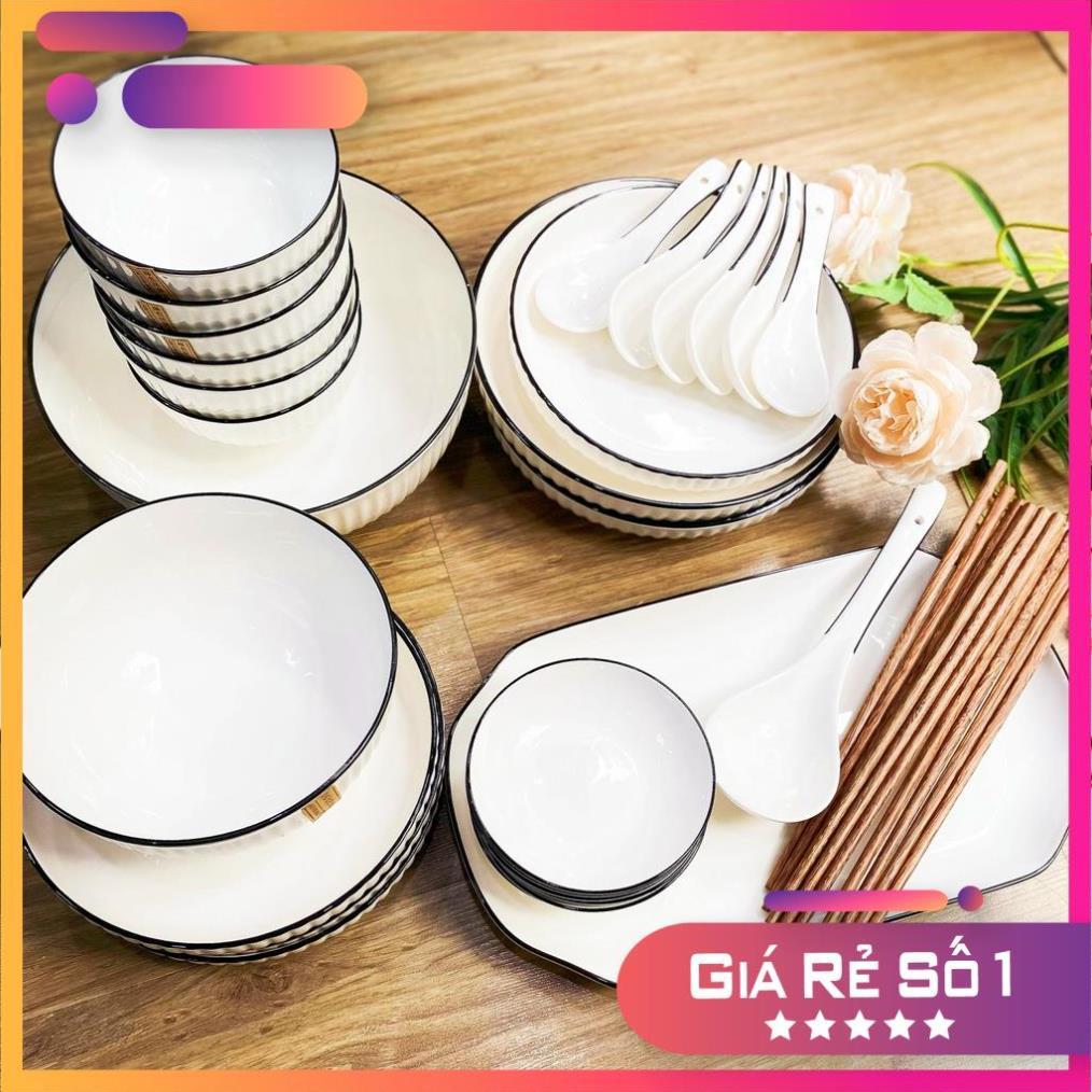 Bộ bát đĩa đẹp sang trọng màu trắng viền phong cách Phương Đông hiện đại BT-34 chi tiết