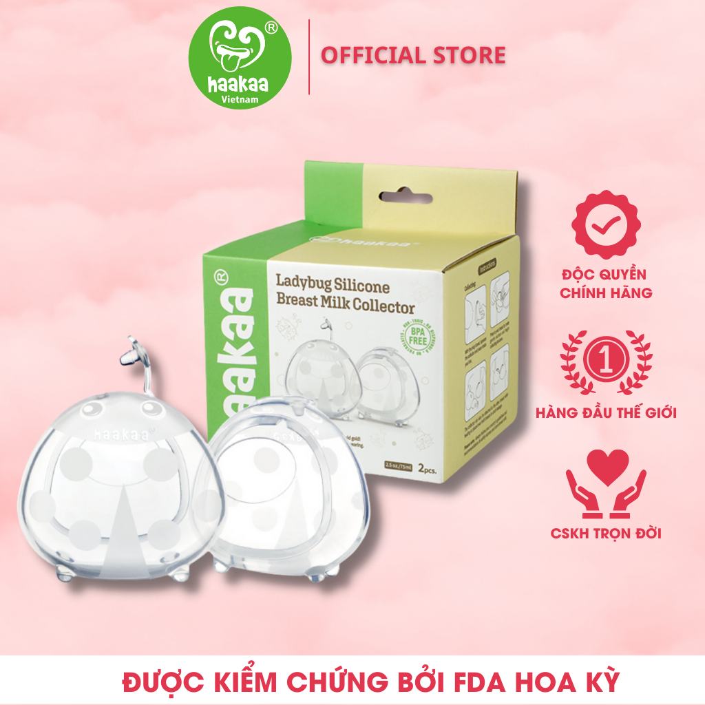 Miếng lót hứng sữa con bọ rùa HaaKaa. Dung tích 40ml và 75ml. Chất liệu silicone cao cấp, an toàn. Không chứa BPA, PVC và phthalate