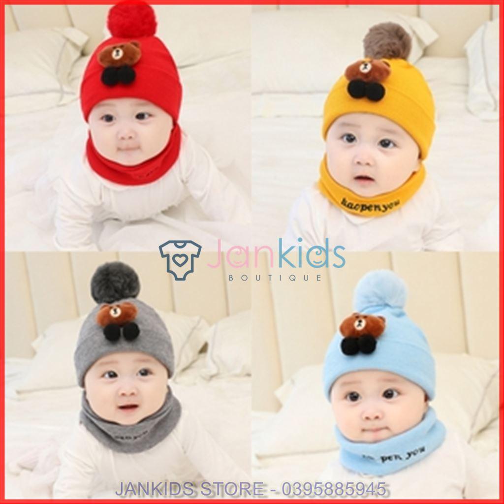 Set mũ kèm khăn len hình gấu đáng yêu cho bé