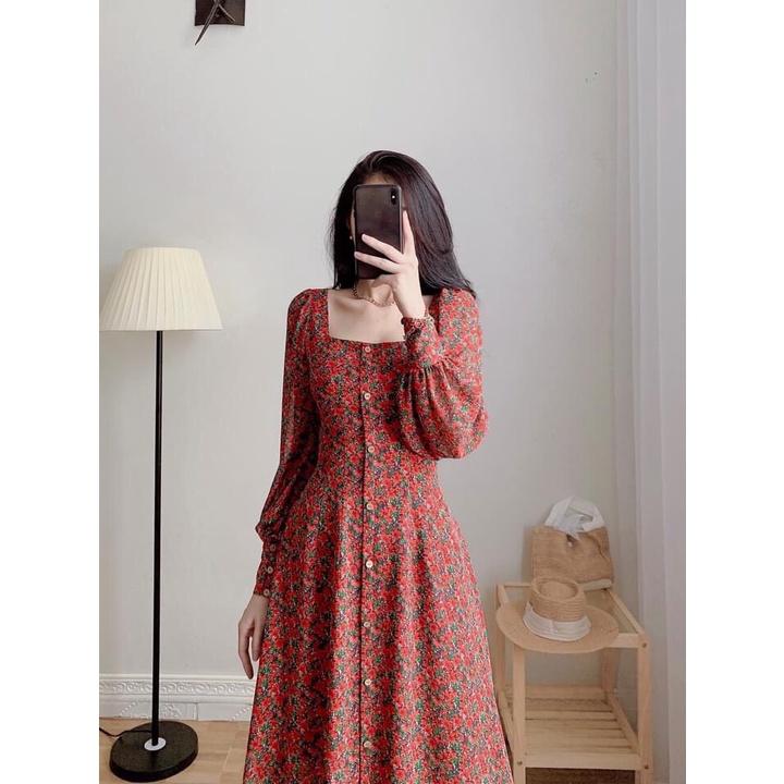 VÁY VINTAGE HOA ĐỎ NHÍ CỔ VUÔNG