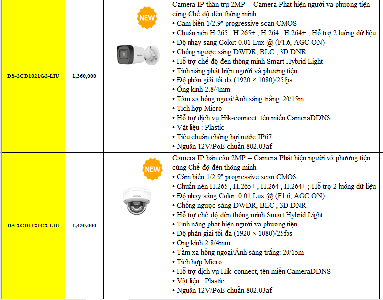 Camera IP 2MP HIKVISION thân trụ DS-2CD1021G2-LIU , bán cầu DS-2CD1121G2-LIU - Hàng chính hãng