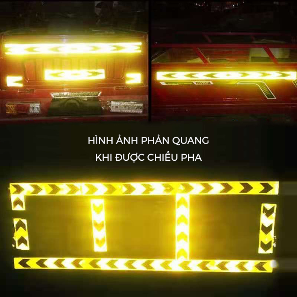Cuộn Phản Quang khổ rộng 10 cm x 25 mét, Cảnh Báo An Toàn Hình Mũi Tên Dùng Dán Xe Ô tô, Thùng Xe Tải, An Toàn, chất liệu PVC Chống Thấm Nước - Mũi Tên Vàng Đen - Mai Lee
