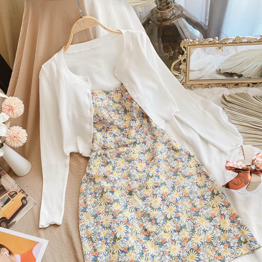 Đầm Nữ Thời Trang Set Áo Croptop Khoác Phối Váy Hoa Hai Dây Xinh Xắn Hot Trend 2021