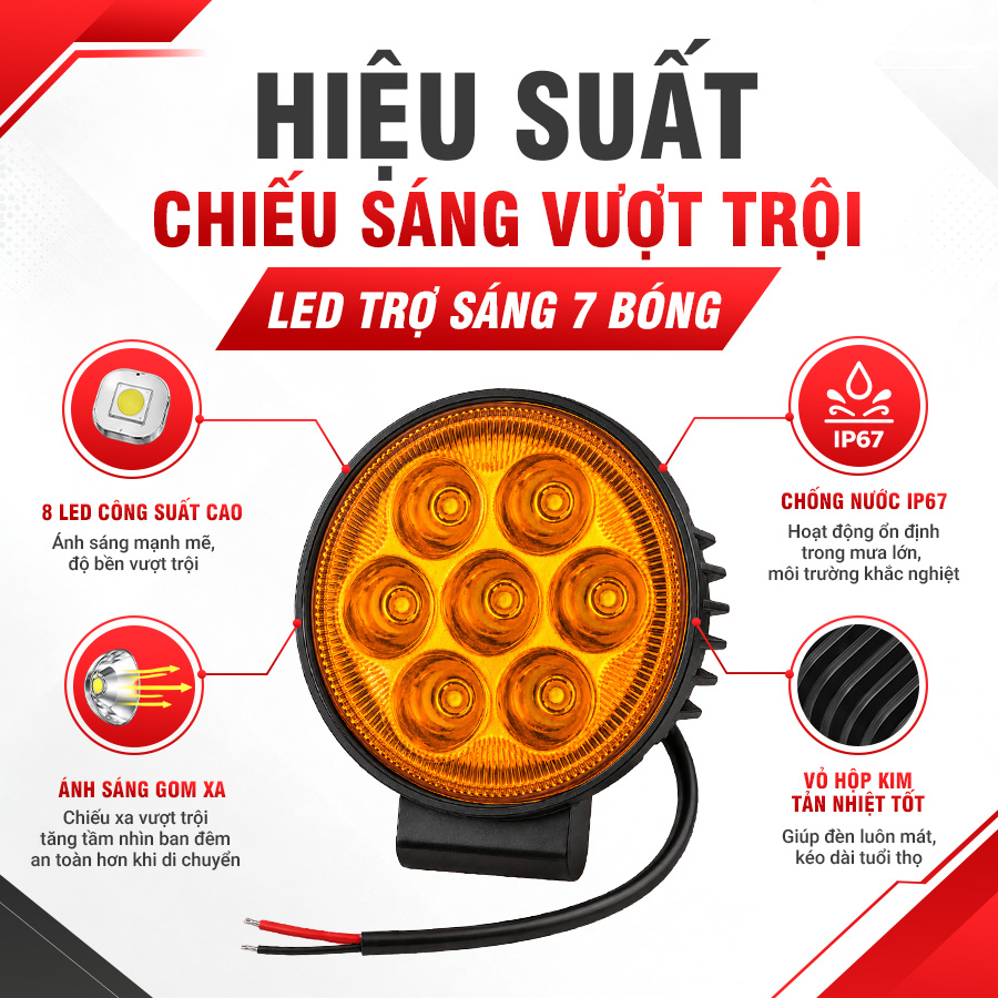 Đèn LED Trợ Sáng Tròn Viair 7 Bóng Vàng 12-30V