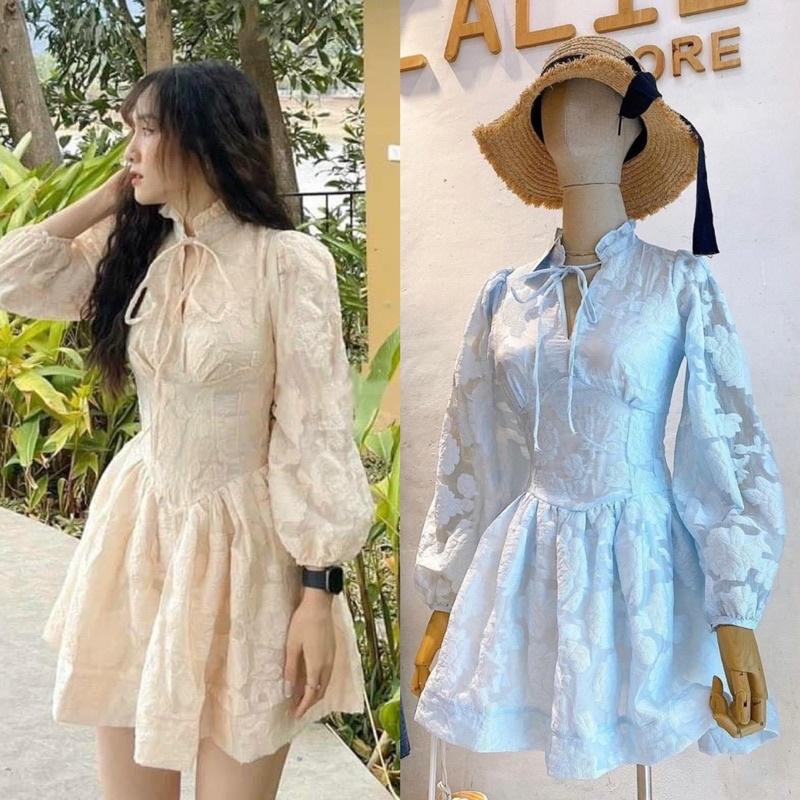 ĐẦM HOA NỔI CỔ TRỤ THẮT NƠ TAY PHỒNG