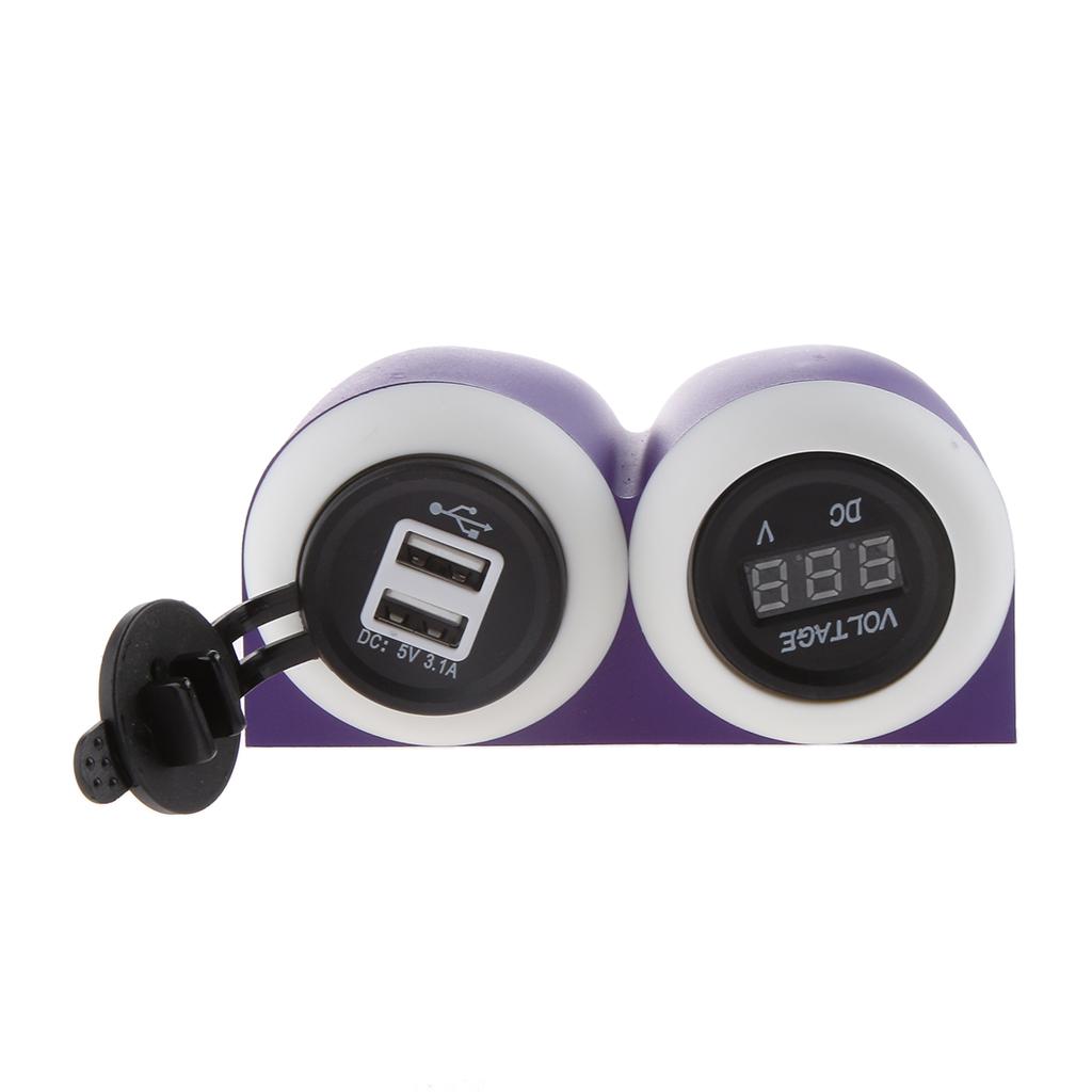 3.1A Dual USB Port Car Charger Power Outlet + Red LED Voltmeter Panel Purple