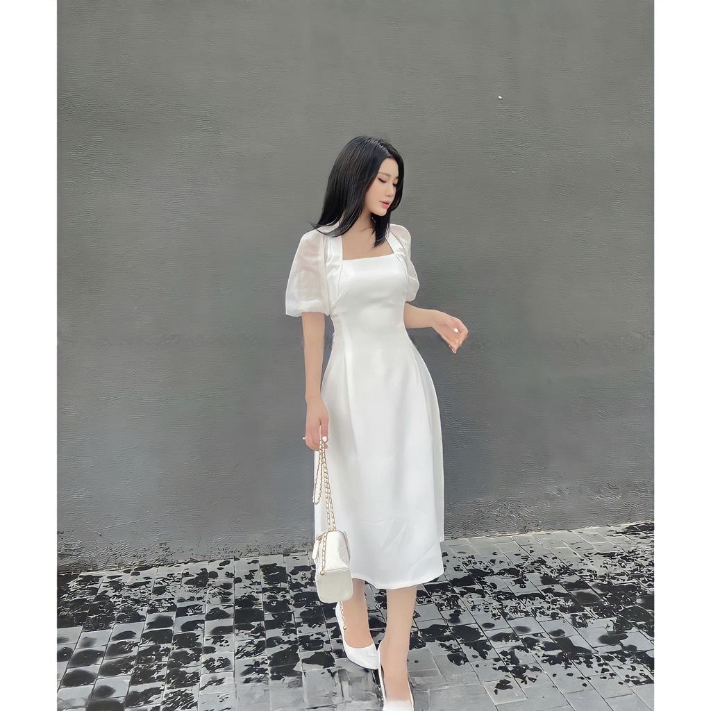 Đầm midi cổ vuông phối tay tơ phồng
