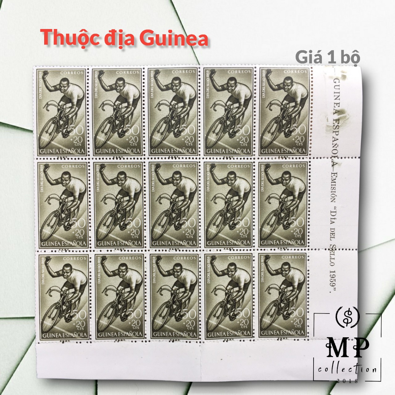 Tem sưu tầm Thuộc địa Guinea của Tây Ban Nha chủ đề đua xe đạp 1959 3 con.