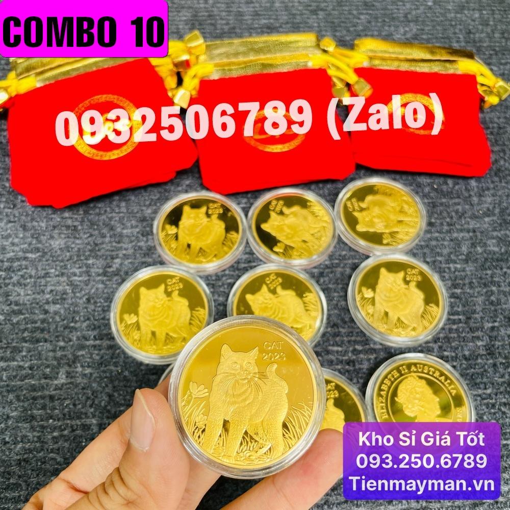 Tiền Xu Vàng Con Mèo Úc Mừng Năm Quý Mão - túi LỘC gấm đỏ tặng kèm mỗi xu
