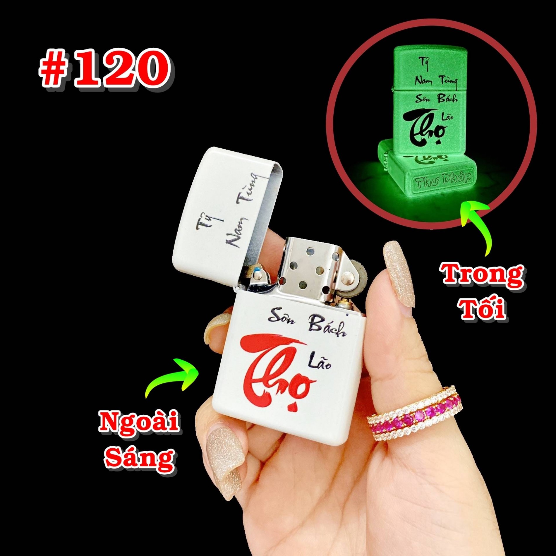 ZIPH120-BẬT LỬA ZIPO CHỮ THỌ THƯ PHÁP &quot;THỌ TỶ NAM SƠN TÙNG BÁCH LÃO&quot; (DẠ QUANG HÚT ÁNH SÁNG) (HỘP THIẾC KÈM XĂNG) H-120