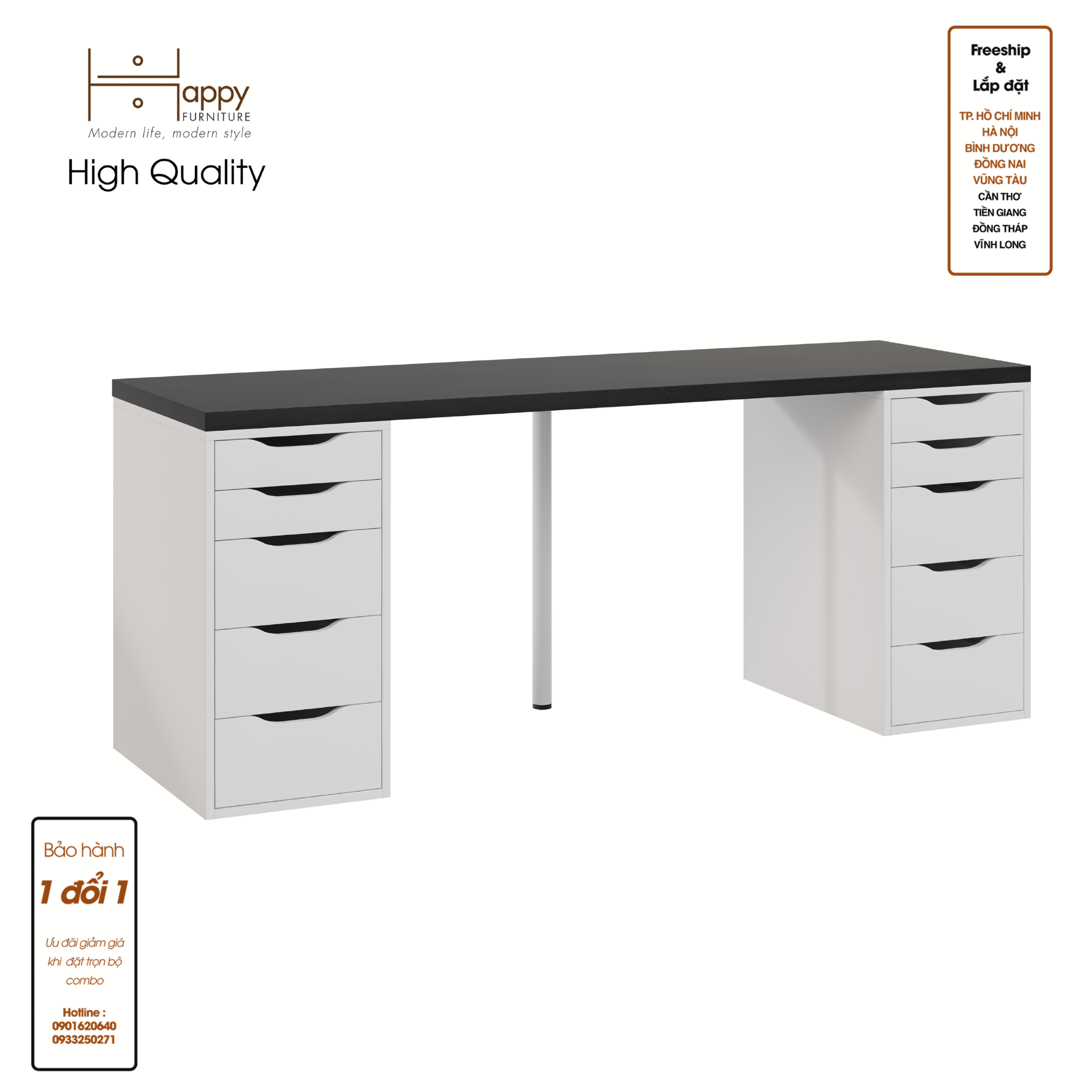 LIDA, Bàn làm việc 2 bên ngăn tủ - 2m x 60cm , 200cm x 60cm x 73cm , BAN_025