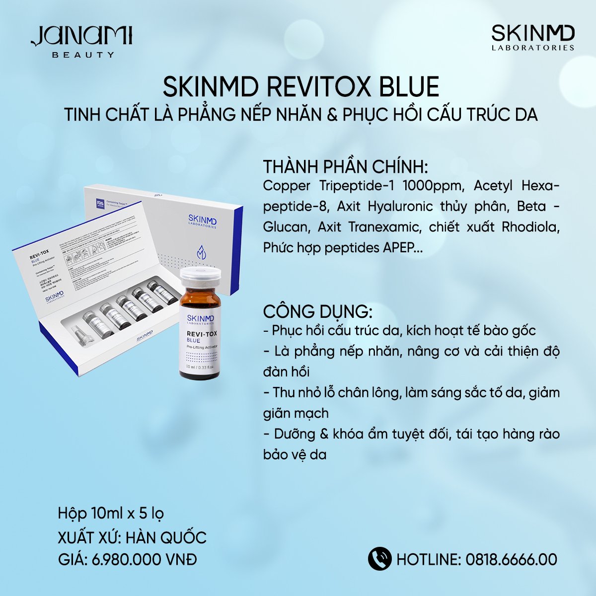 Huyết thanh xóa nhăn nâng cơ SKINMD REVI-TOX BLUE Pro-Lifting Activator Hộp 5 lọ x 10ml/lọ Phục hồi cấu trúc da, kích thích trẻ hóa tế bào và căng bóng