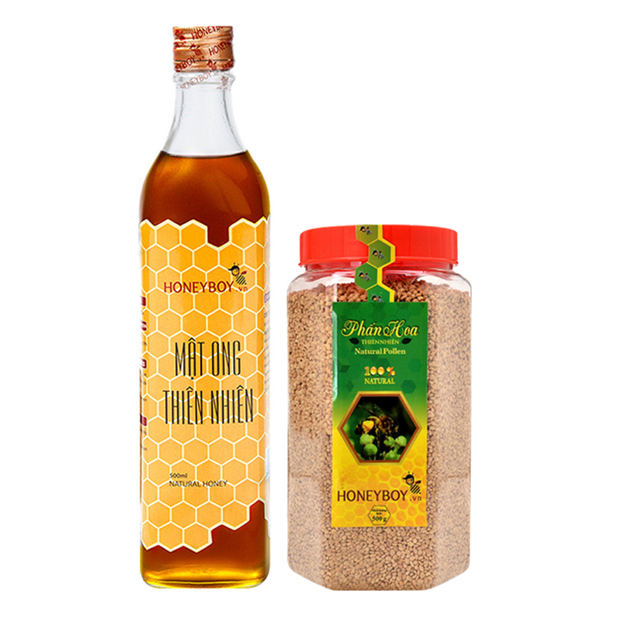 Combo Mật Ong Thiên Nhiên Honeyboy (500ml) + Phấn Hoa Thiên Nhiên Honeyboy (500g) - Tặng Mật Ong Sữa Chúa Honeyboy (100ml)