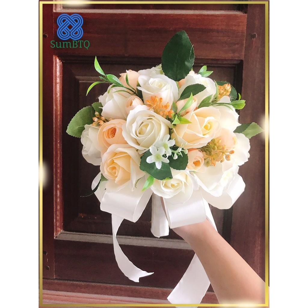 Hoa cưới cầm tay ️ bó hoa cưới trắng cam kết lá