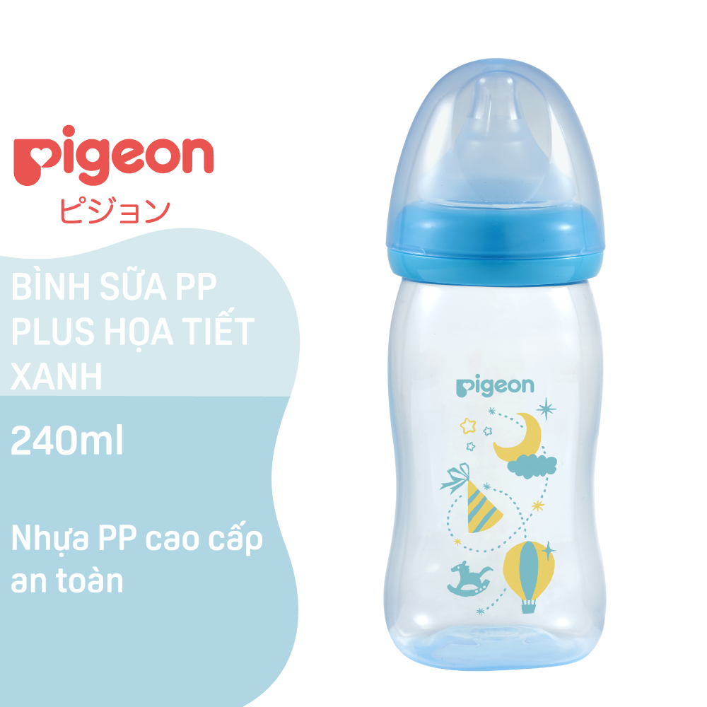 Bình sữa cổ rộng PP Plus họa tiết xanh/hồng Pigeon 240ml (M) (HSD:11/2025)