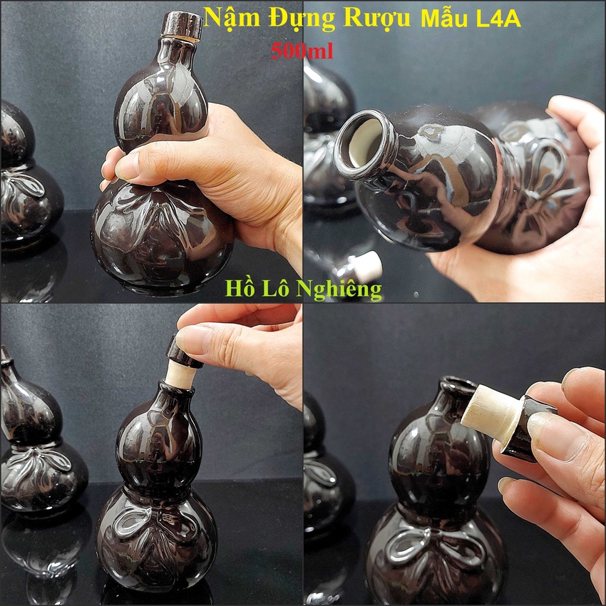 Bình Đựng Rượu Gốm Sứ 500ML Bát Tràng cao cấp mẫu Hồ Lô nghiêng màu đen bóng - Nậm Rượu Đẹp