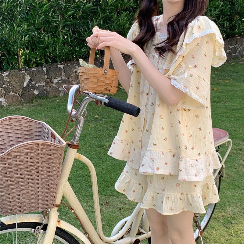 Bộ Đồ Ngủ Nữ Pijama Hoa Nhí Vintage Chất Cotton Mát Mịn Thoáng Mát