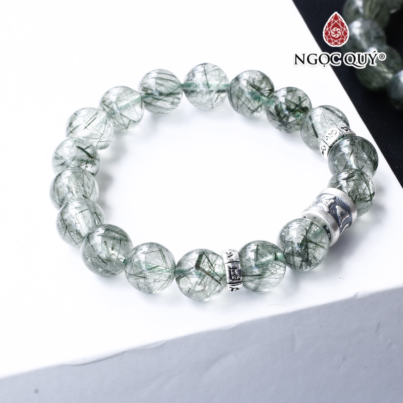 Vòng thạch anh tóc xanh phối charm lục tự bạc mệnh hỏa, mộc - Ngọc Quý Gemstones