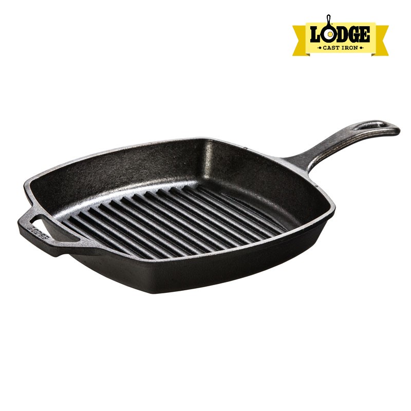 Chảo gang nướng Lodge tay cầm có rãnh, vuông 26.7cm, L8SGP3.Chảo dùng nướng, chiên, xào, áp chảo.