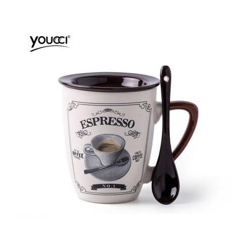 Cốc sứ uống trà, cafe tặng kèm nắp và thìa phong cách vintage 355ml
