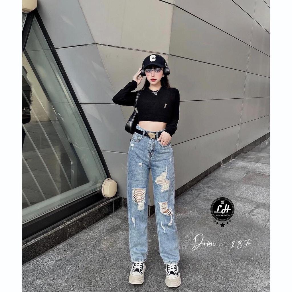 Quần baggy jean nữ rách tua rua 2 gối siêu lạ lưng cao siêu chất Lê Huy Fashion MS 287