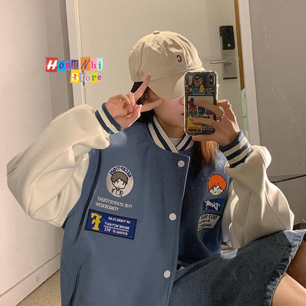 Áo Khoác Bomber Thêu Hình Cô Bé Cậu Bé Ulzzang Unisex Dáng Rộng Nam Nữ - MM