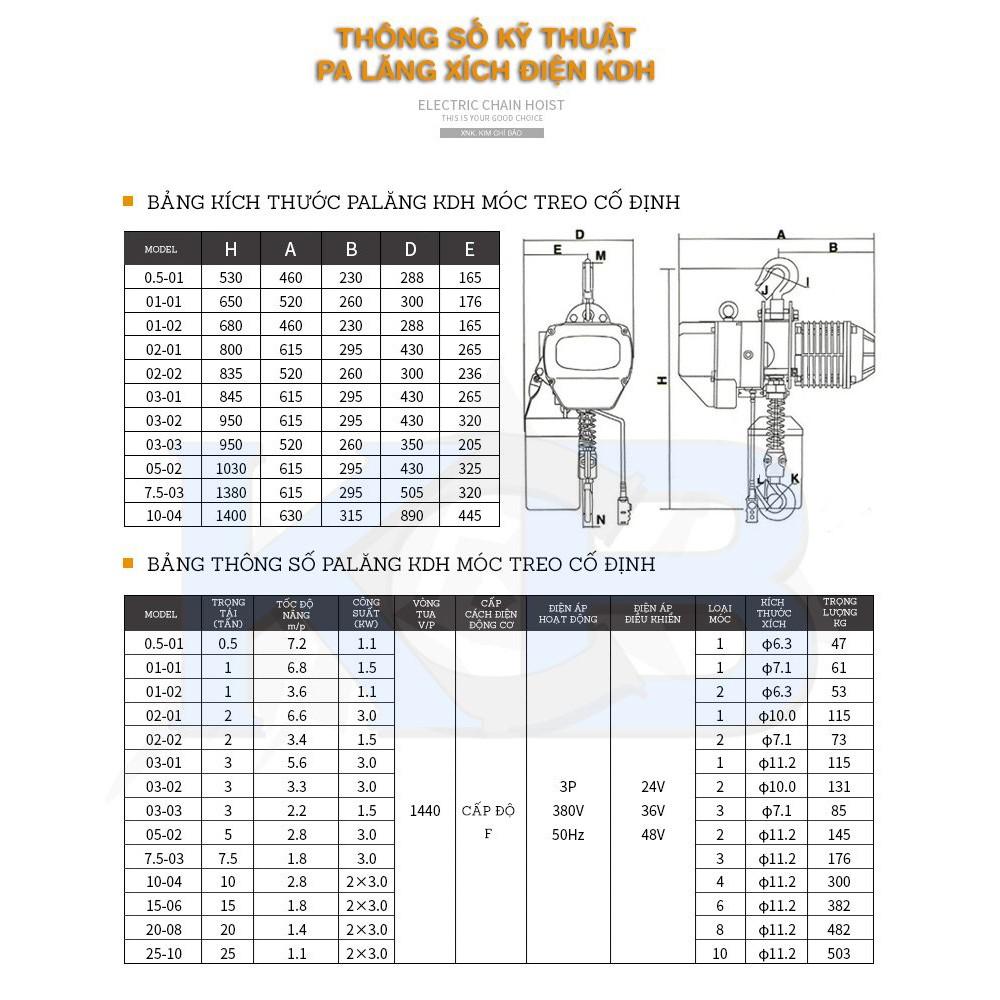 PALANG XÍCH ĐIỆN KDH 0.5T/ xích 6M - Palang điện 380v- 500Kg - Xích 6M KDH (cố định không rùa di chuyển)