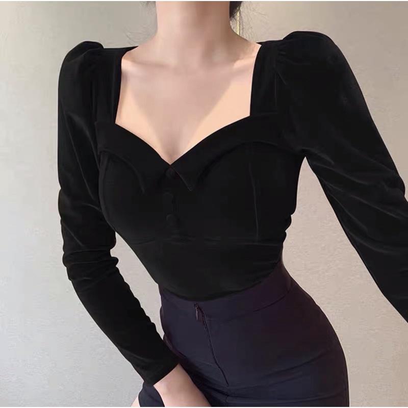 Áo nhung dài tay cổ vuông cúp ngực T0260