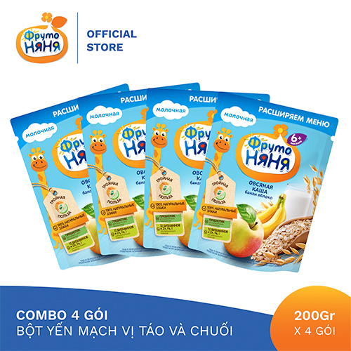 Combo 4 Gói Bột ăn dặm yến mạch chuối táo Fruto Nyanya 200g