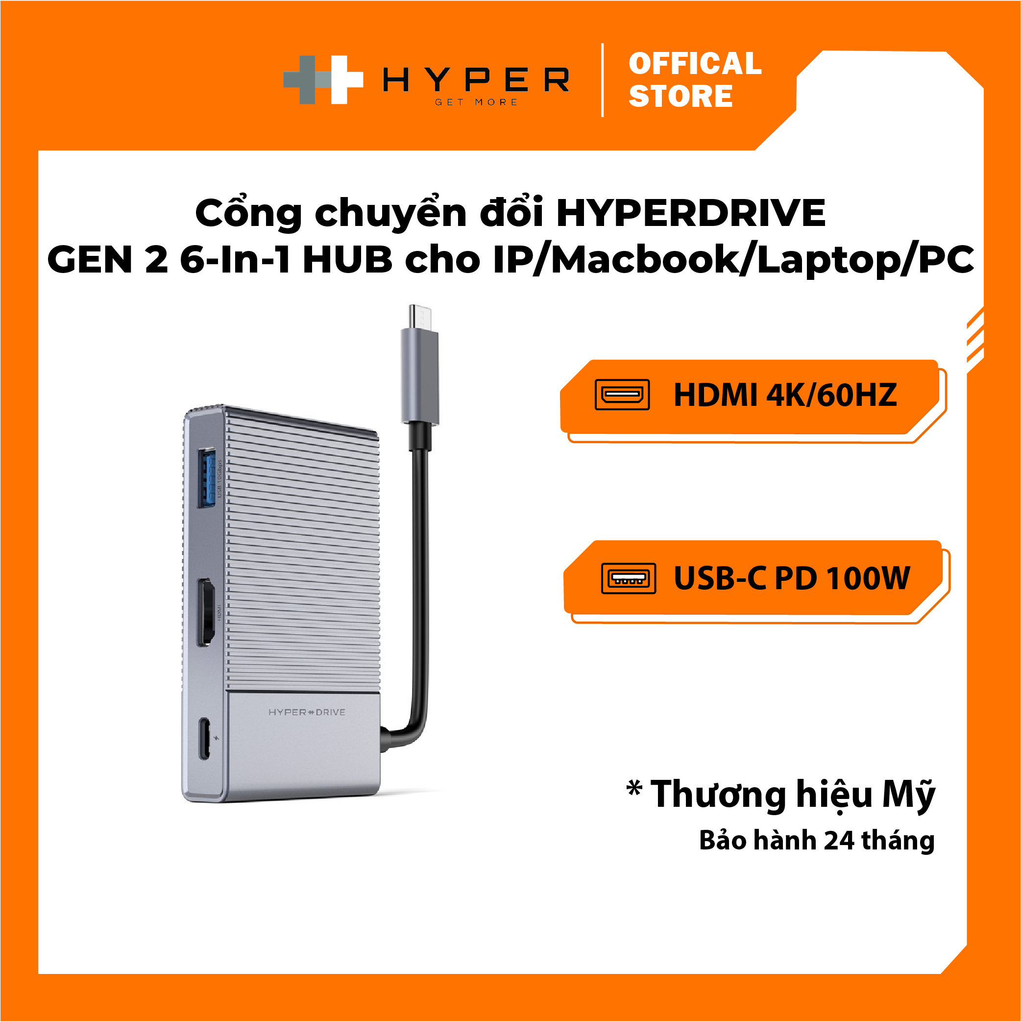 CỔNG CHUYỂN Hyper HyperDrive GEN2 6-IN-1 FOR MACBOOK, IPAD PRO 2018-2020, PC & DEVICES - Hàng chính hãng