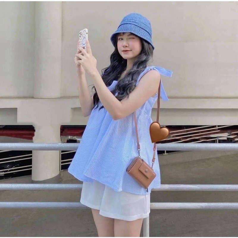 Sét áo 2 dây buộc nơ bánh bèo và quần sooc trắng hàn quốc